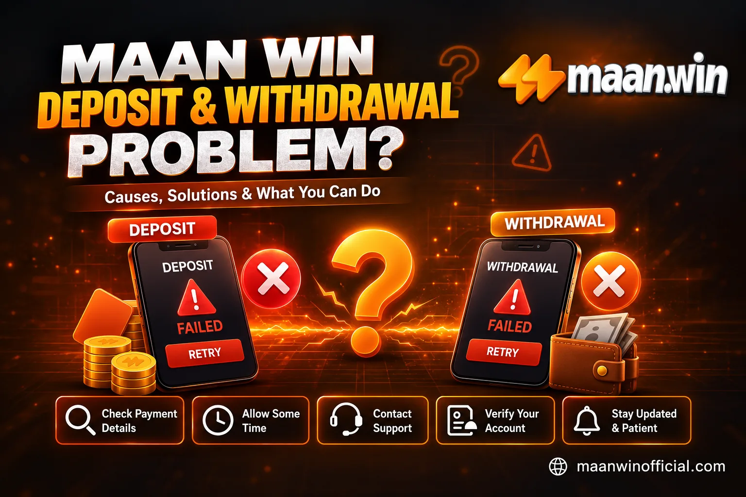 Maan Win Deposit and Withdrawal Problem graphic with failed deposit and withdrawal phone screens, Retry buttons, and tips to check payment details, allow some time, contact support, verify your account and stay updated
