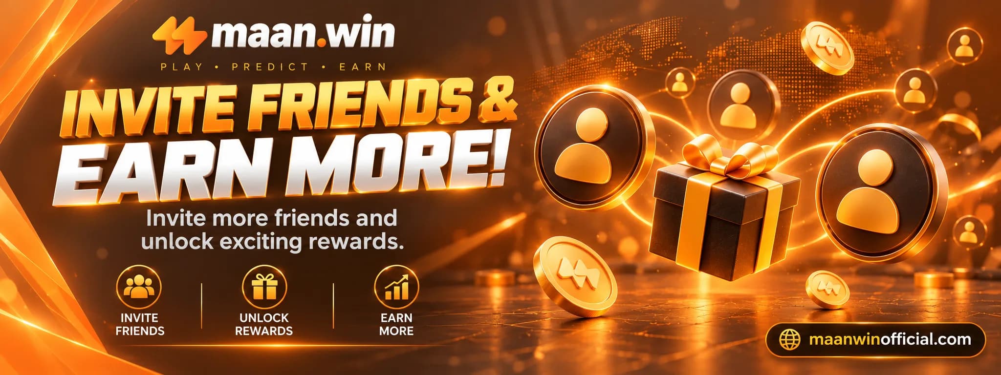 Invite Friends and Earn More banner showing connected profile icons, a gold-ribboned gift and coins