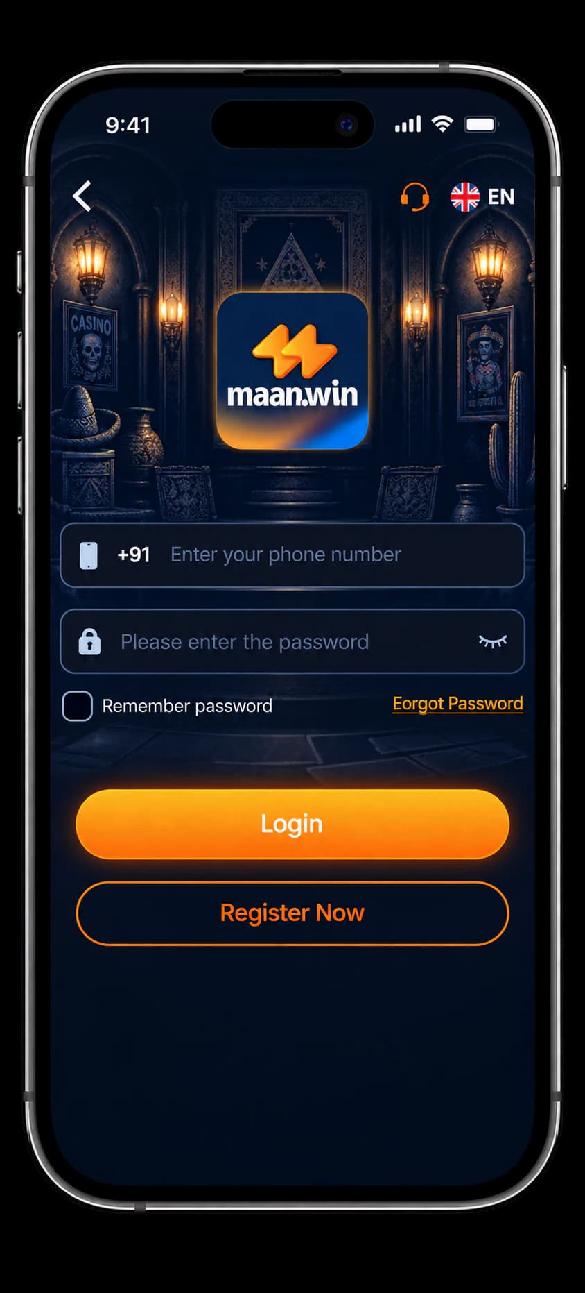 MaanWin login screen with phone number and password fields, Login and Register Now buttons