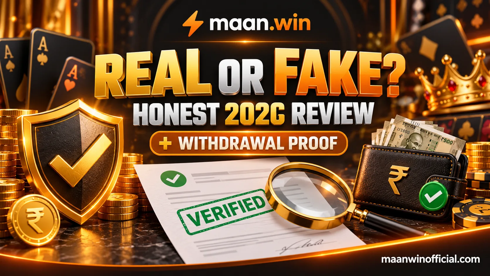 maan.win Real or Fake? review banner with a withdrawal proof label, a gold shield with a check mark, a document stamped Verified under a magnifying glass, and a wallet holding rupee notes