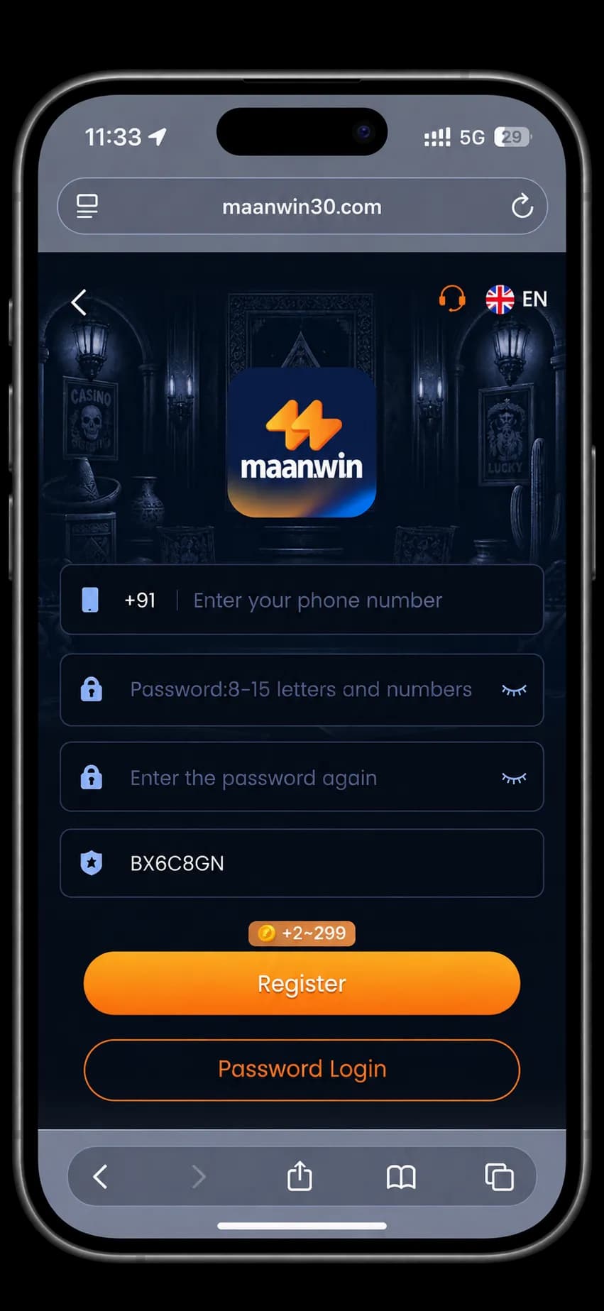 maan win registration screen with a +91 phone field, password and confirmation fields, invite code BX6C8GN, Register and Password Login buttons