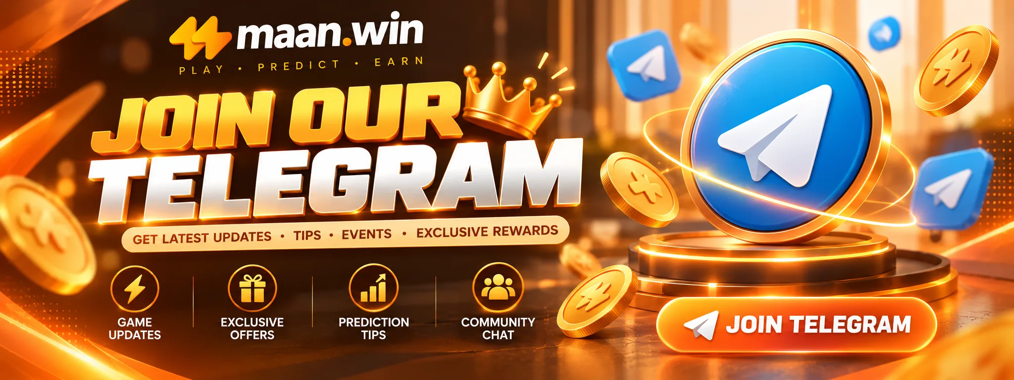 Join Our Telegram banner with a blue Telegram logo, gold coins, a crown and labels for game updates, exclusive offers, prediction tips and community chat