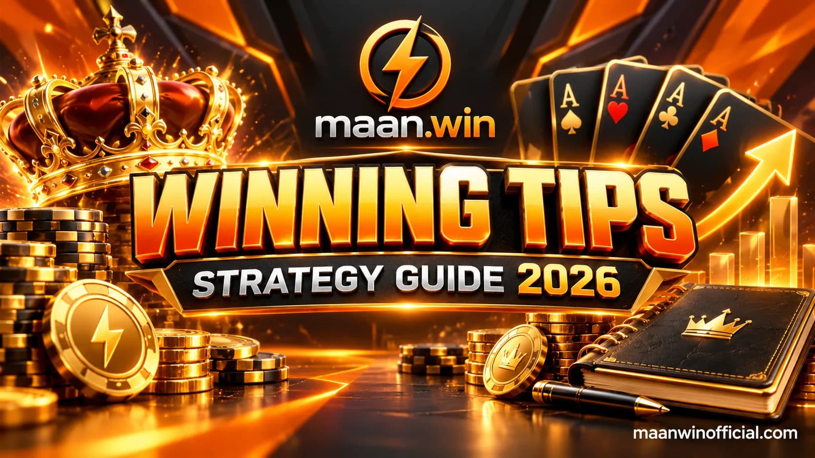 maan.win Winning Tips Strategy Guide 2026 banner with a golden crown, stacks of chips and coins, ace playing cards, a rising arrow and a notebook with a pen