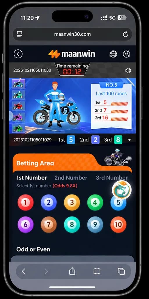 maan win Moto Racing dashboard showing a motorbike race, recent finishing positions, countdown and numbered selection controls